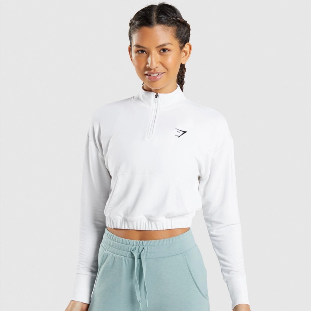 Gymshark Women’s Pippa Pullover White Quarter Zip Cropped Sweatshirt Small
